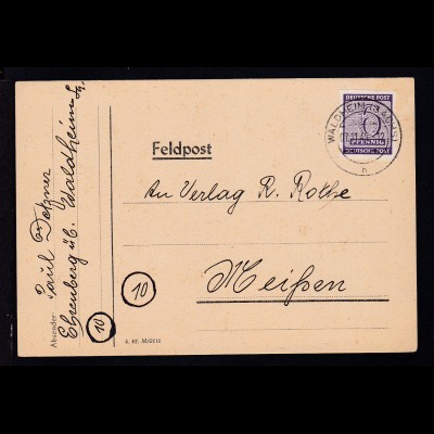 Ziffer 6 Pfg. auf Postkarte ab Waldheim (Sachs) 07.11.45 nach Meißen, 