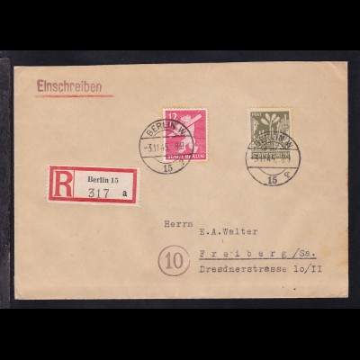 Berliner Bär 12 Pfg. und Eiche auf R-Brief ab Berlin W 15 3.11.45