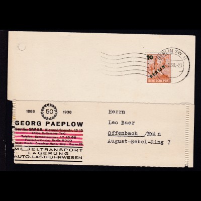 Grünaufdruck 10 Pfg. auf Firmenpostkarte (Georg Paeplow Möbeltransport) 