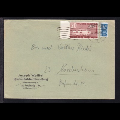 100 Jahre Deutsche Briefmarken 20 Pfg. Randstück auf Brief ab Freiburg 