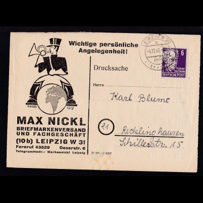 Persönlichkeiten 6 Pfg. auf Firmendrucksache (Max Nickel, Leipzig) ab Leipzig 