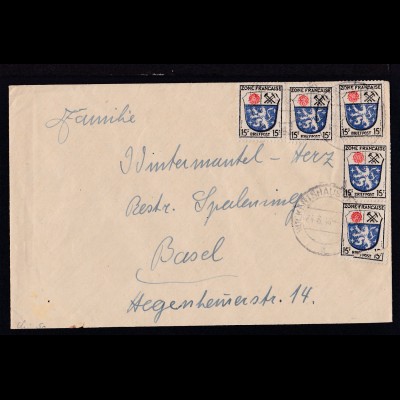 Wappen 15 Pfg. 5x auf Brief ab Volkartshausen 24.6.46 nach Basel/Schweiz