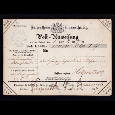 Postanweisung mit K2 KÖNIGSLUTTER 3 NOV 1867 nach Helmstedt
