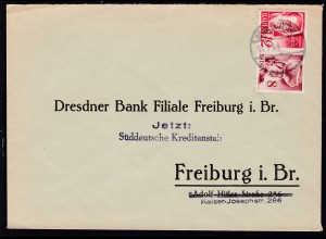 Freimarken 8 Pfg. und 12 Pfg. auf Antwortbrief der Deutschen Bank Freiburg 