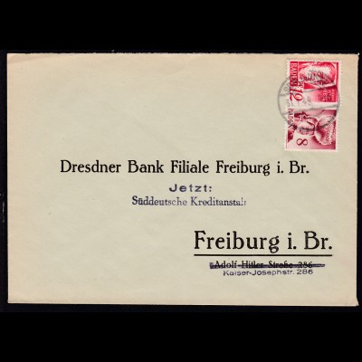 Freimarken 8 Pfg. und 12 Pfg. auf Antwortbrief der Deutschen Bank Freiburg 