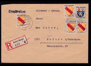Wappen 8 Pfg. (4x) umd 24 Pfg. auf R-Brief ab Baden-Baden 24.6.46 nach Erfurt/