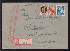 Freimarken 75 Pfg. und FrZ Wappen 3 Pfg. und 8 Pfg. auf R-Brief ab Neustadt