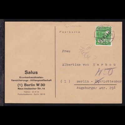 Schwarzaufdruck 10 Pfg. auf Postkarte der SALUS-Versicherung ab BerlinW 30 