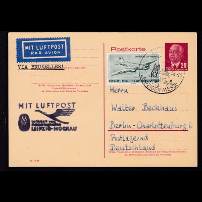 Wilheln Pieck 20 Pfg. mit Zusatzfrankatur als Luftpostkarte Messesonderflug 