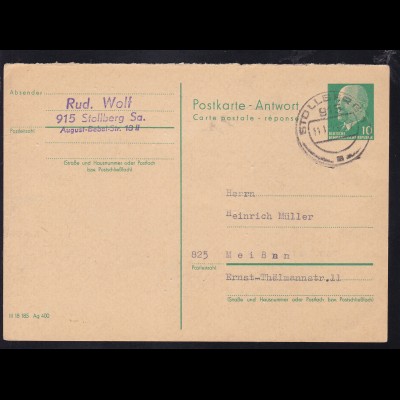 Walter Ulbricht 10 Pfg. Antwortteil ab Stollberg (Sachs) 11.11.73 nach Meißen
