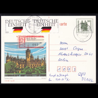 Bauten und Denkmäler 30 Pfg. Bild Schwerin mit Zusatzfrankatur als R-Postkarte