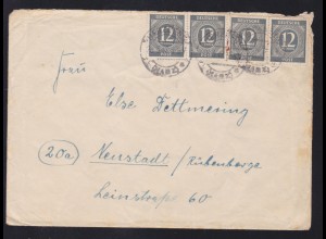 Ziffer 12 Pfg. 4x auf Brief ab Herzberg (Harz) nach Neustadt/Rübenberge