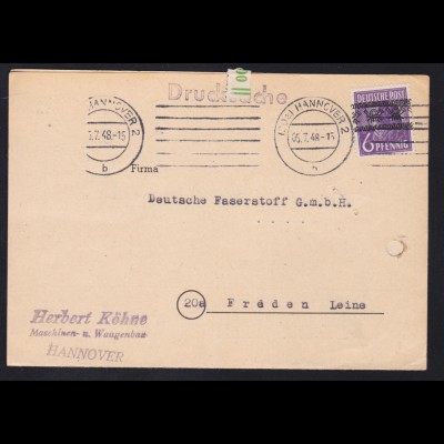 Bandaufdruck 6 Pfg, auf Firmendrucksache (Herbert Köhne, Hannover) ab Hannover 