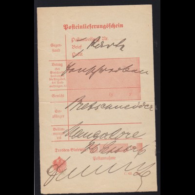 1864 Posteinlieferungsschein mit Ortsdruck Dresden-Blasewitz, waager. Bug