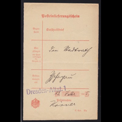 1865 Posteinlieferungsschein mit L1 Dresden-Altst. 1, waager. Bug