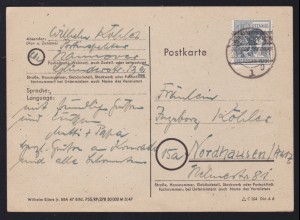 Bandaufdruck 12 Pfg. auf Postkarte ab Hannover 28.6.48 nach Nordhausen/Harz