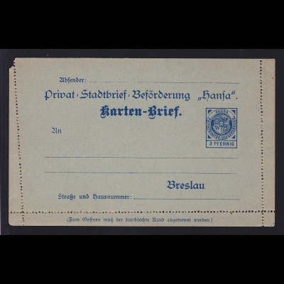 Breslau Privat-Stadtbrief-Beförderung "Hansa" Kartenbrief 3 Pfg., ungebraucht,