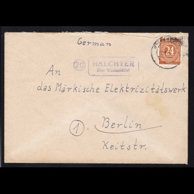 WOLFENBÜTTEL 11.10.46 + R2 20 HALCHTER über Wolfenbüttel auf Brief nach Berlin
