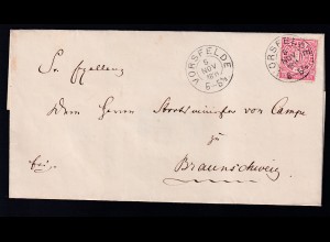 Ziffer 1 Gr. auf Briefhülle mit K2 VORSFELDE 5 NOV 1871 nach Braunschweig