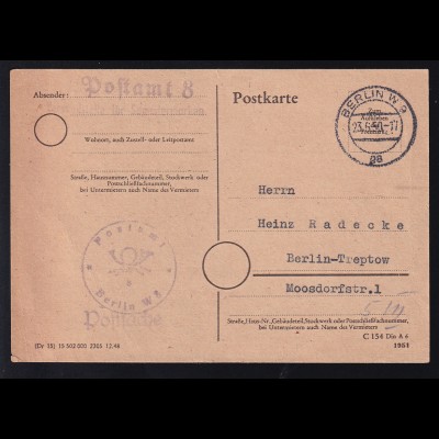 1950 Postkarte (Postsache) des Postamt Berlin W 8