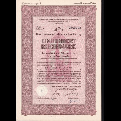 1941 Landesbank und Girozentrale Danzig-Westpreußen 5 Kommunalschuldverschreibungen (über 100, 200, 500, 1000, 5000 RM)