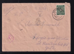 Ziffer 50 Pfg. auf Brief ab Bückeburg 16.12.47 nach Gliwice/Polen
