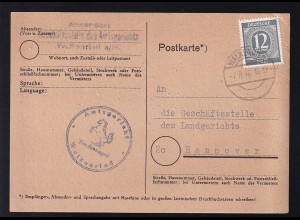Ziffer 12 Pfg. auf Postkarte des Amtsgericht Walkenried ab Walkenried 7.9.46 