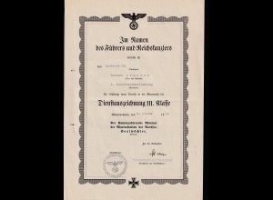 1939 Verleihungsurkunde für Dienstauszeichnung III. Klasse an einen Leutnant der