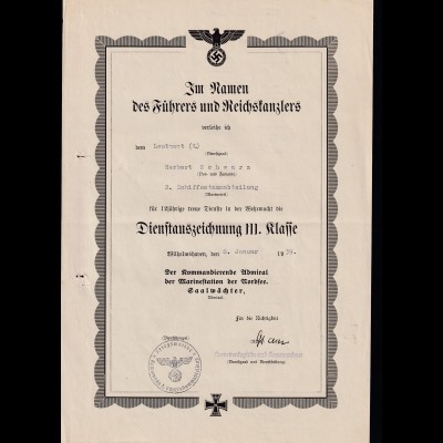 1939 Verleihungsurkunde für Dienstauszeichnung III. Klasse an einen Leutnant der
