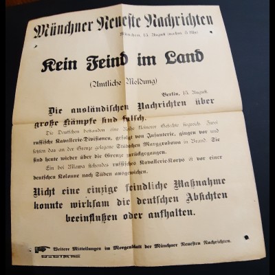 15.8.1914 Plakat (34 x 40 cm) der Münchner Neuste Nachrichten: