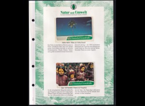 2 Telefonkarten Deutsche Umwelthilfe mit Infoblatt: Palmen am weißen Strand-