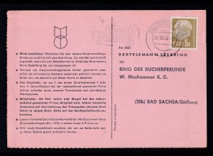 Theodor Heuss 5 F. auf Buch-Bestellkarte ab Saarbrücken 30.10.58 