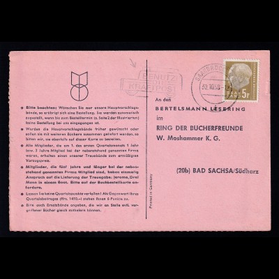 Theodor Heuss 5 F. auf Buch-Bestellkarte ab Saarbrücken 30.10.58 