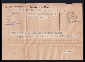 1953 Telegramm aus Berlin-Neukölln, aufgenommen vom Amt Berlin SW 61 Tempelhofer