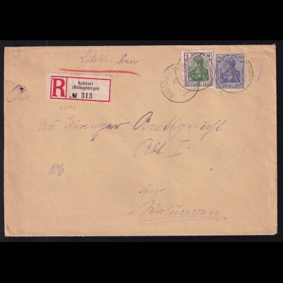 Germania 80 Pfg. und 1 M. auf R-Brief ab Rossdorf (Rhöngebirge) 10.12.21 nach 
