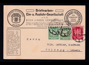 Adler 5 Pfg. (2x) und 10 Pfg. auf Postkarte der Briefmarken-Ein- und Ausfuhr 
