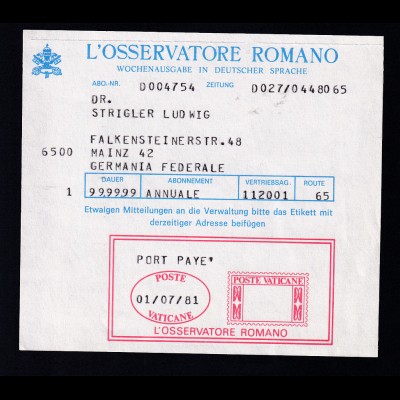 1981 Freistempel der Zeitung "L'OSSERVATORE ROMANO" auf Adressblatt nach Mainz