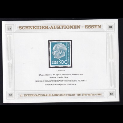 Schneider-Auktionen, Essen Reklame-Block 13 mit Saarland Heuss I. Ausgabe 300 Fr.