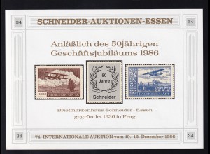Schneider-Auktionen, Essen Reklame-Block 34 zum 50jährigem Geschäftsjubil#um 1986