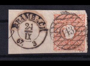 Wappen ½ Ngr. auf Briefstück mit Nummernstempel 143 + K2 BRAMBACH 24.IX.67,