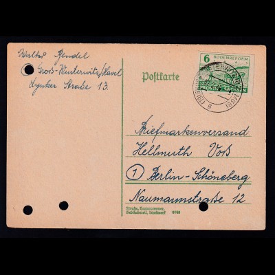 Bodenreform 6 Pfg. auf Postkarte ab Gross-Wusterwitz (Bz MGB) 07.2.46 