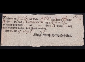 1790 Ortsdruck-Postschein des Königl. Preuß. Grenz=Post=Amt Stettin