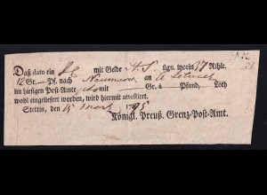 1795 Ortsdruck-Postschein des Königl. Preuß. Grenz=Post=Amt Stettin