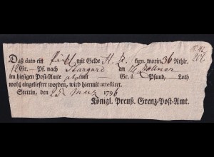 1796 Ortsdruck-Postschein des Königl. Preuß. Grenz=Post=Amt Stettin