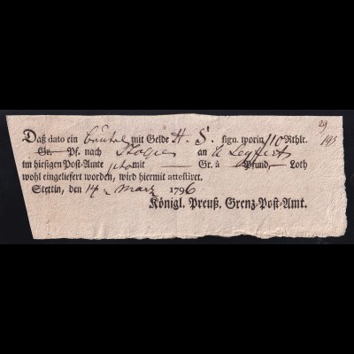 1796 Ortsdruck-Postschein des Königl. Preuß. Grenz=Post=Amt Stettin