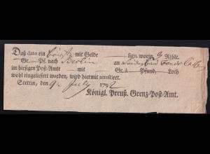 1792 Ortsdruck-Postschein des Königl. Preuß. Grenz=Post=Amt Stettin
