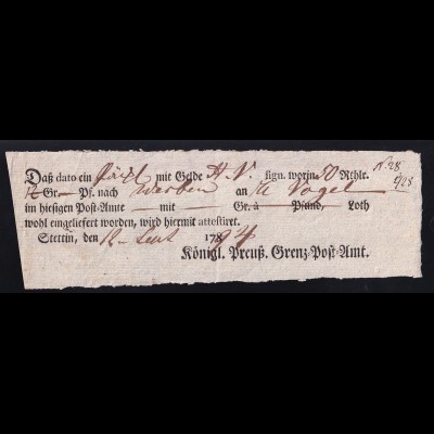 1794 Ortsdruck-Postschein des Königl. Preuß. Grenz=Post=Amt Stettin