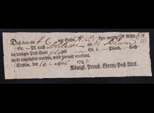 1793 Ortsdruck-Postschein des Königl. Preuß. Grenz=Post=Amt Stettin