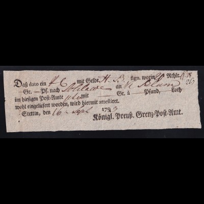 1793 Ortsdruck-Postschein des Königl. Preuß. Grenz=Post=Amt Stettin
