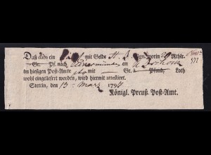 1797 Ortsdruck-Postschein des Königl. Preuß. Post=Amt Stettin